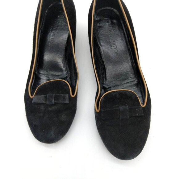 LOUIS VUITTON Womens Pump SZ 35 Leather Suede Kitten Block Heel Black Round Toe - Picture 2 of 14
